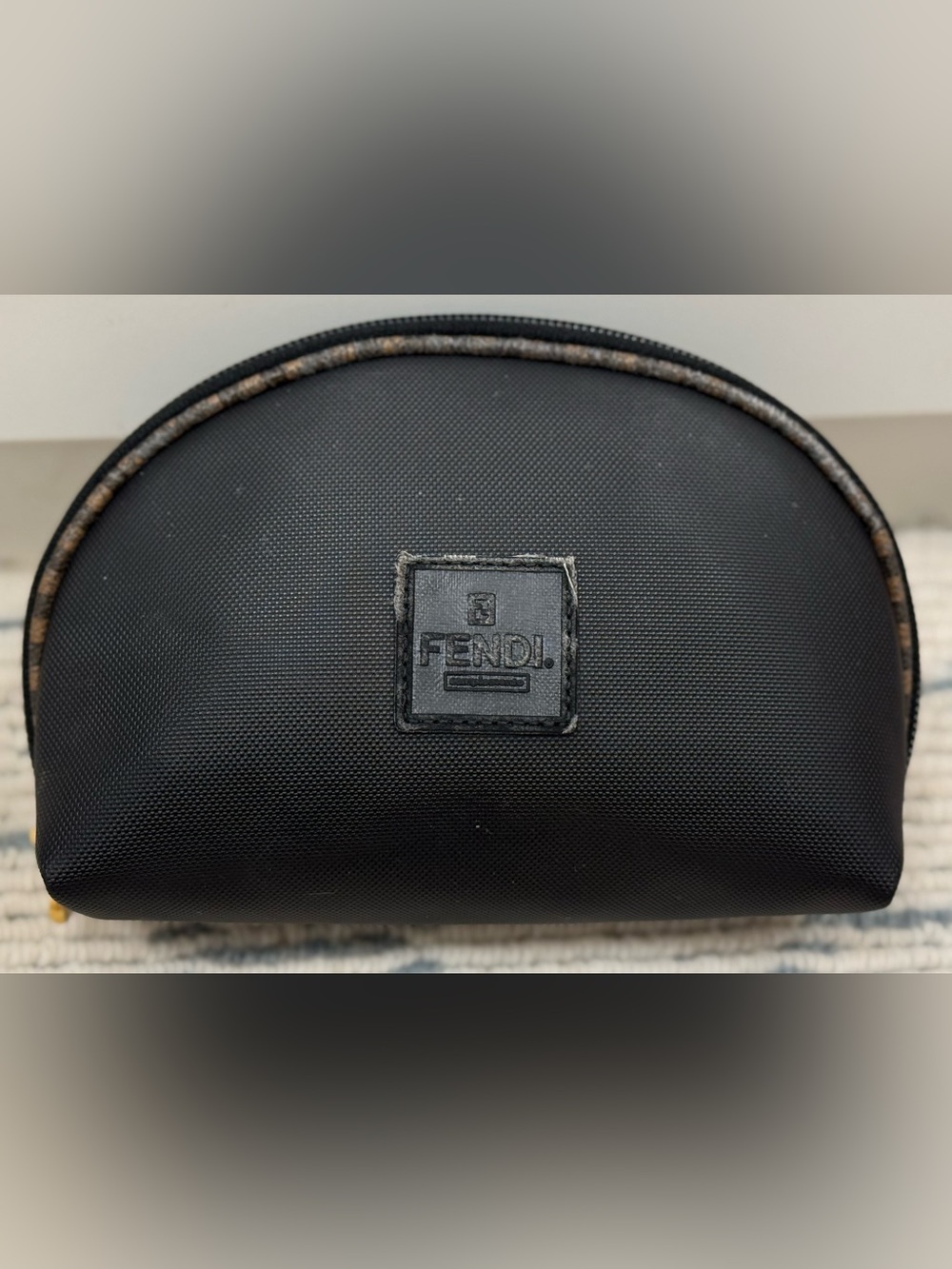 FENDI Vintage 90’s Signature Pequin Black Nylon Half-Moon Clutch/Cosmetic Pouch